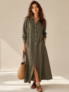 Soline | Lockeres Schwarzes Maxikleid mit Knöpfen - Grün - Maxi Dress - Cow Clothing