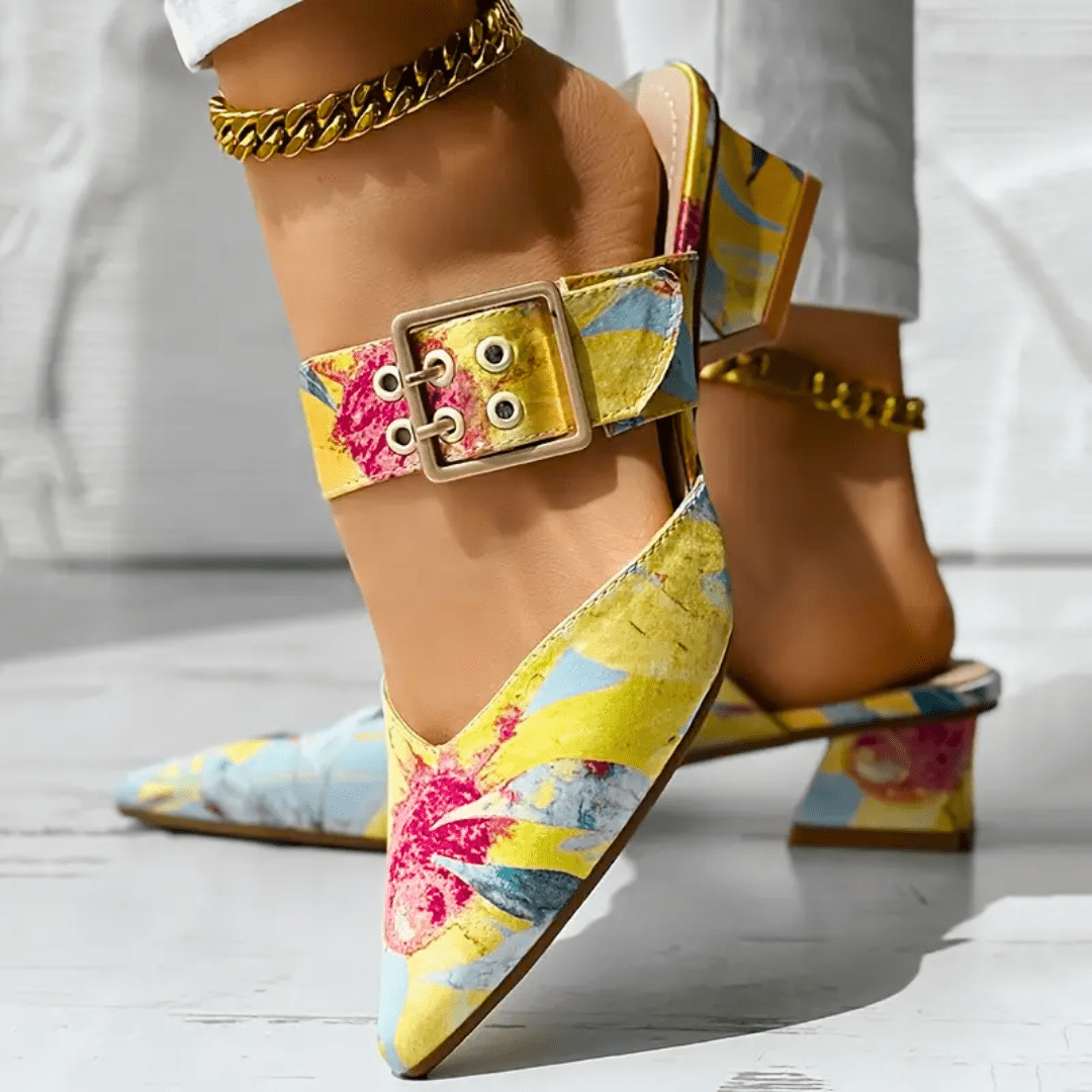 Damen Schnallen-Blockabsatz-Mules - Gelb - Damen > Sandalen > Absatz - Concept Fashionlab