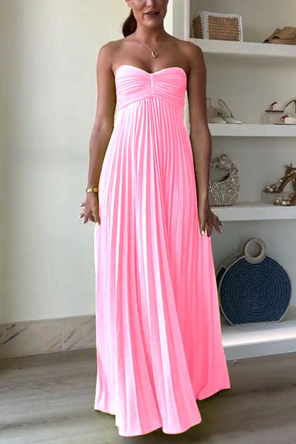 Simple Elegant Look Tube Dress with Pleats and Ribbon - M - Maxi Dress - Concept Fashionlab
