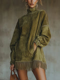 Damen Kuscheliges Wildleder-Fransen-Kleid – Luxuskomfort, müheloser
