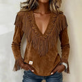 Damen Wildleder-Fransen-V-Ausschnitt-Top