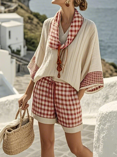 Isla | Gingham-Lounge-Set — Müheloser Küstenkomfort für das Leben im Freien - Rot - Loungewear Set - Concept Fashionlab