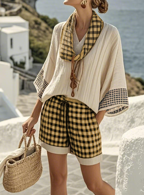 Isla | Gingham-Lounge-Set — Müheloser Küstenkomfort für das Leben im Freien - Gelb - Loungewear Set - Concept Fashionlab