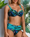 Damen Stylischer High-Waist-Bikini mit schickem Blättermuster