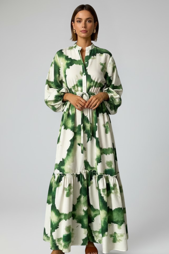 Lucy | Damen-Langarm-Maxikleid mit V-Ausschnitt und Druck - Grün - Maxi Dress - Concept Fashionlab