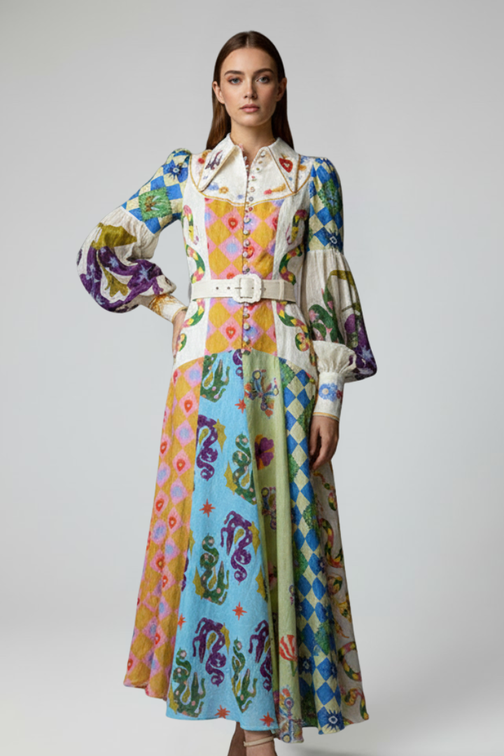Lucy | Damen-Langarm-Maxikleid mit V-Ausschnitt und Druck - Mehrfarbig - Maxi Dress - Concept Fashionlab