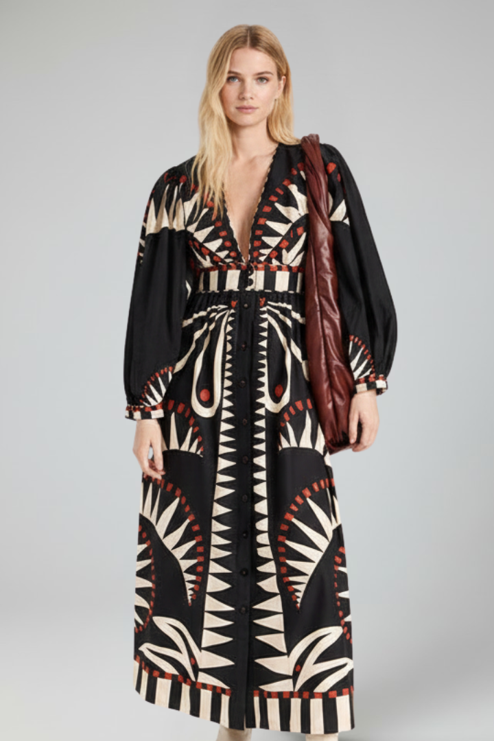 Lucy | Damen-Langarm-Maxikleid mit V-Ausschnitt und Druck - Schwarz - Maxi Dress - Concept Fashionlab