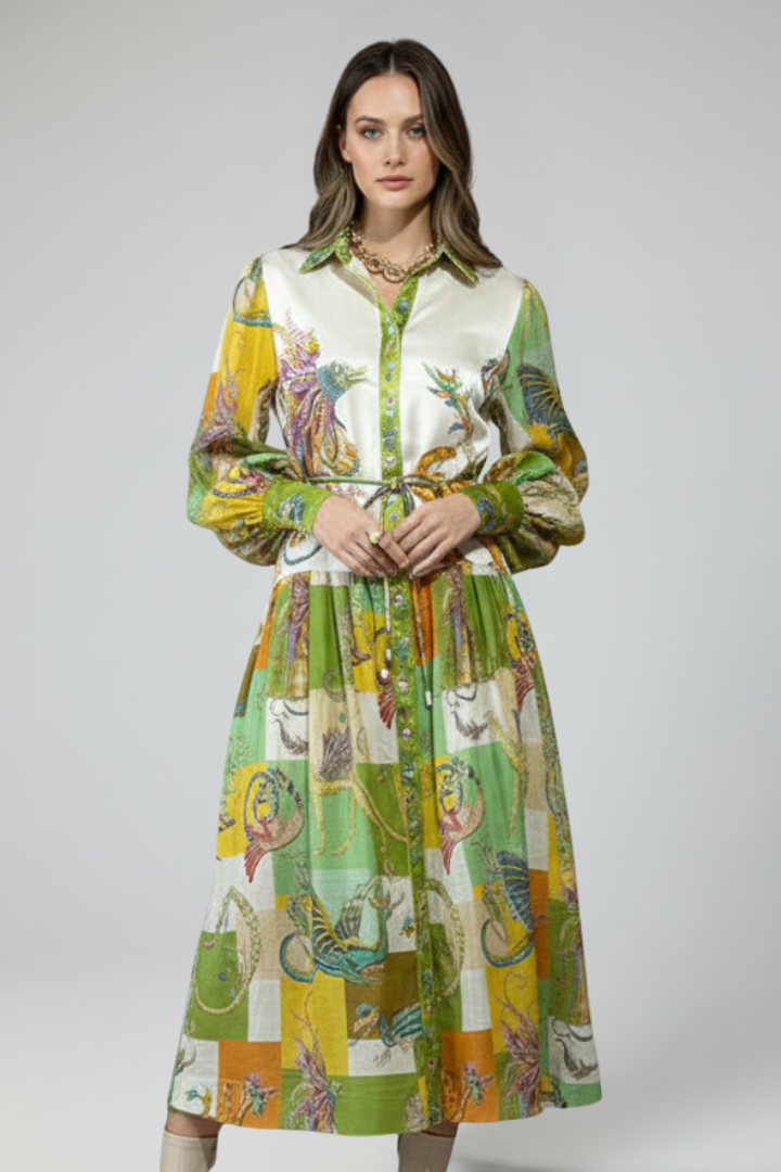 Lucy | Damen-Langarm-Maxikleid mit V-Ausschnitt und Druck - Hellgrün - Maxi Dress - Concept Fashionlab