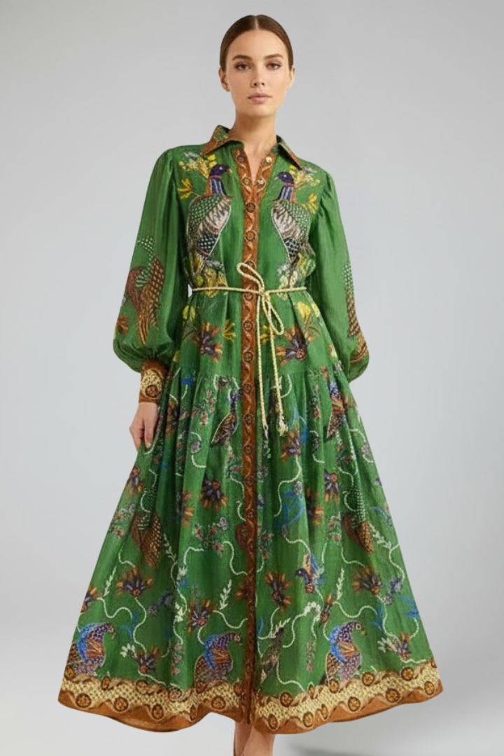 Lucy | Damen-Langarm-Maxikleid mit V-Ausschnitt und Druck - Grün bedruckt - Maxi Dress - Concept Fashionlab