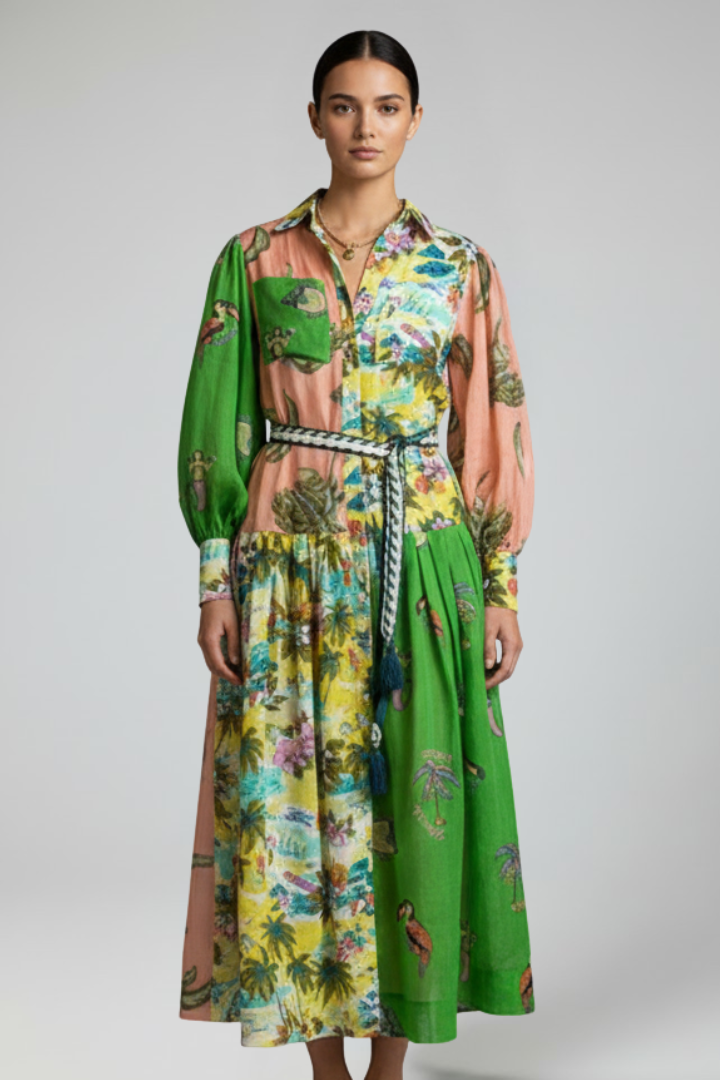 Lucy | Damen-Langarm-Maxikleid mit V-Ausschnitt und Druck - Dunkelgrün - Maxi Dress - Concept Fashionlab