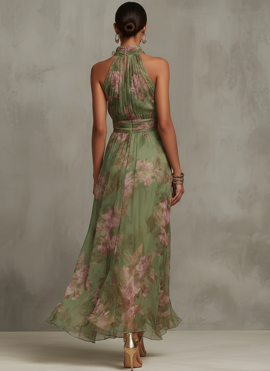 Serena ∙ Langes grün geblümtes Chiffonkleid mit amerikanischem Ausschnitt - - - DUUWE