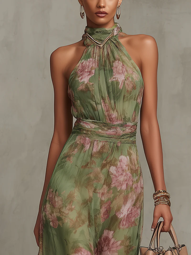 Serena ∙ Langes grün geblümtes Chiffonkleid mit amerikanischem Ausschnitt - - - DUUWE