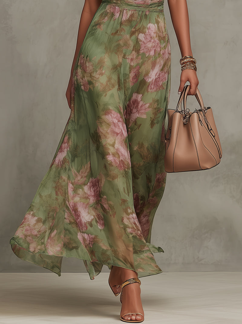Serena ∙ Langes grün geblümtes Chiffonkleid mit amerikanischem Ausschnitt - - - DUUWE