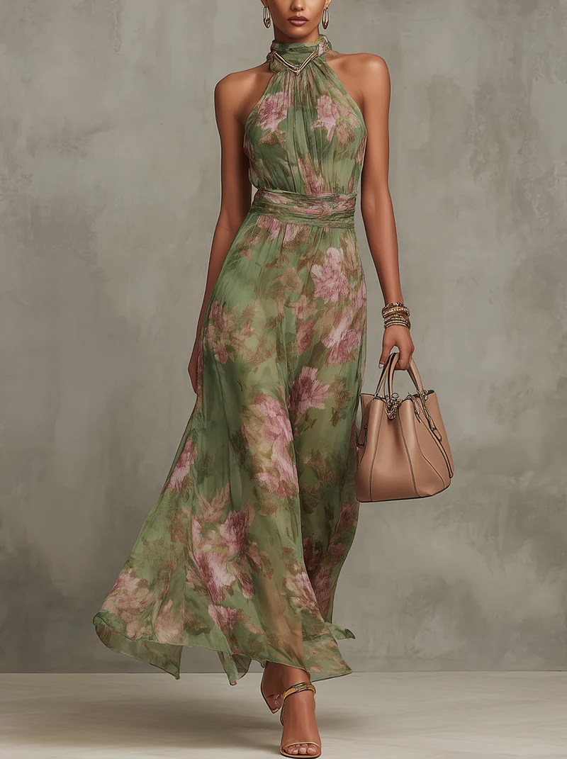 Serena ∙ Langes grün geblümtes Chiffonkleid mit amerikanischem Ausschnitt - Grün - - DUUWE