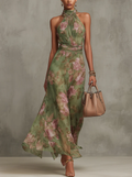 Serena ∙ Langes grün geblümtes Chiffonkleid mit amerikanischem Ausschnitt