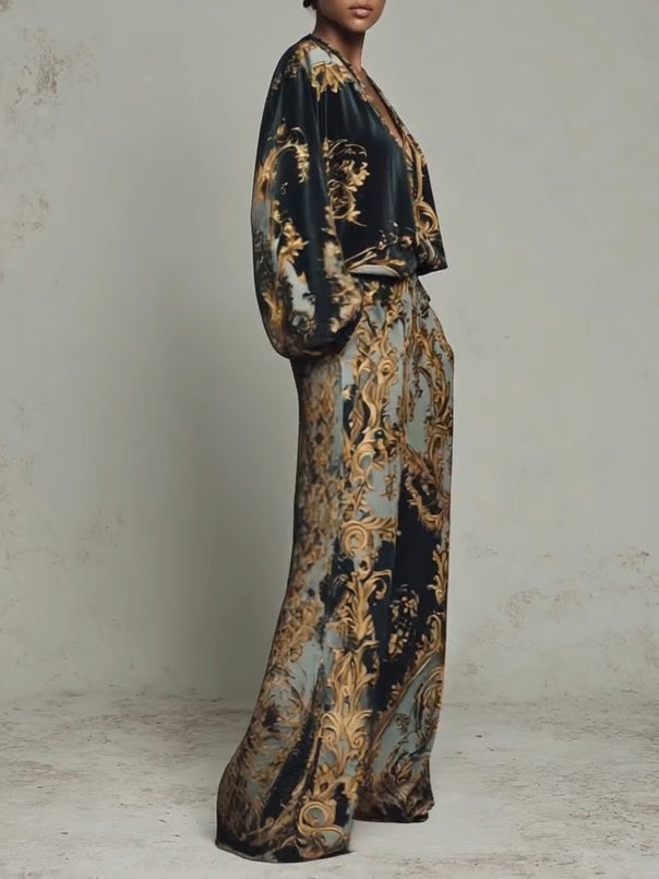 Baroque-Style Ornate Floral Print Top with Wide-Leg Trousers – Casual Suit Set - - Top - Concept Fashionlab