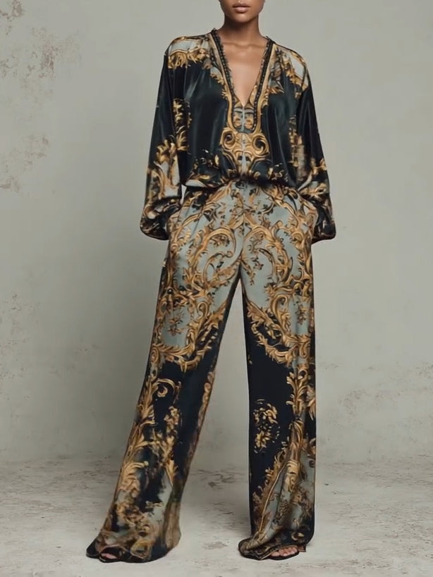 Baroque-Style Ornate Floral Print Top with Wide-Leg Trousers – Casual Suit Set - - Top - Concept Fashionlab