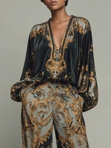 Baroque-Style Ornate Floral Print Top with Wide-Leg Trousers – Casual Suit Set - - Top - Concept Fashionlab