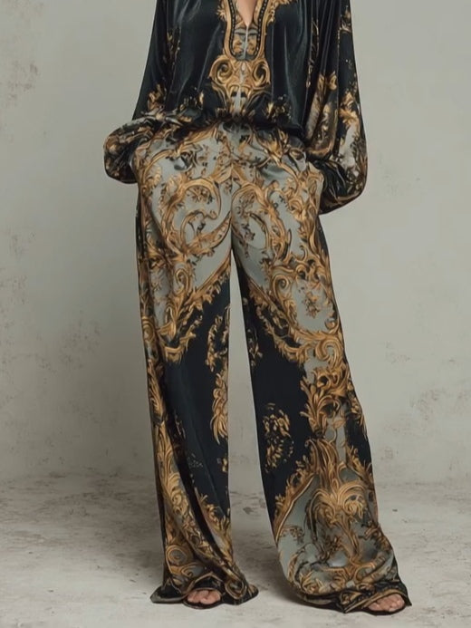 Baroque-Style Ornate Floral Print Top with Wide-Leg Trousers – Casual Suit Set - - Top - Concept Fashionlab