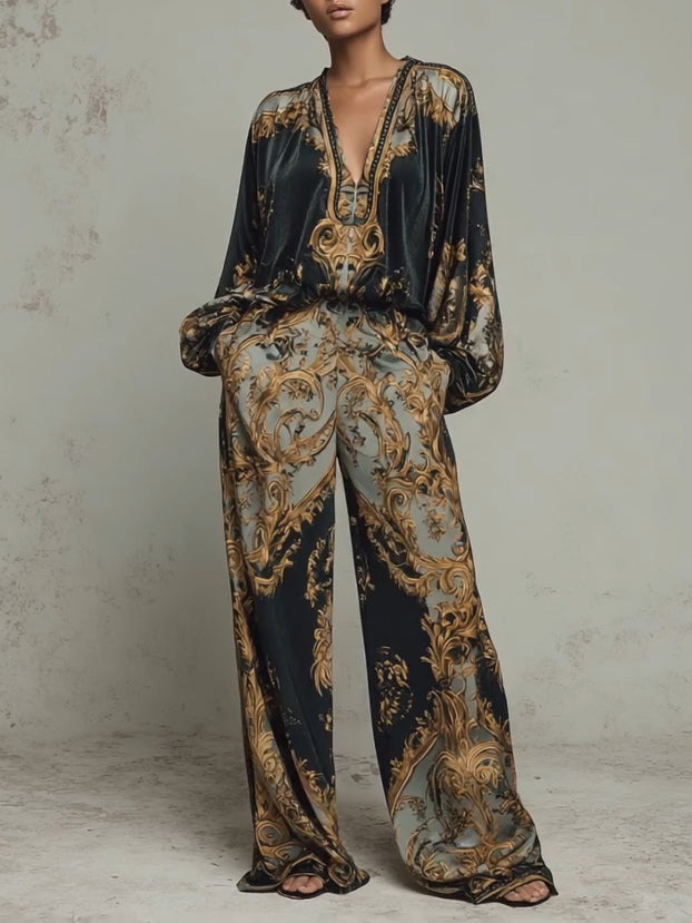 Baroque-Style Ornate Floral Print Top with Wide-Leg Trousers – Casual Suit Set - - Top - Concept Fashionlab