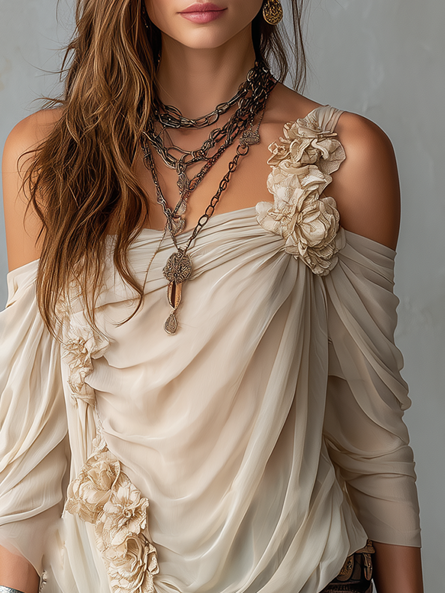 Damen Drapierte schulterfreie Bluse aus floralem Chiffon - - Damen > Blusen - Concept Fashionlab