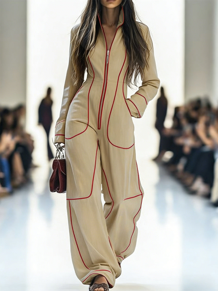 Overall mit Langarm, weitem Bein, Reißverschluss und Stehkragen - APRIKOT - Jumpsuits - Concept Fashionlab