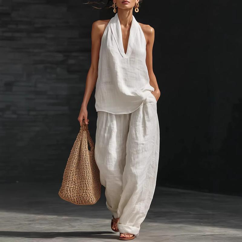 Ainhoa | Kombi-Set aus entspanntem Tanktop und Hose mit weitem Bein - Weiß - - Cow Clothing