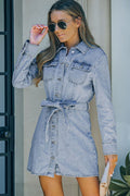 Damen Jeanskleid mit Knopfleiste, Kragen und Gürtel
