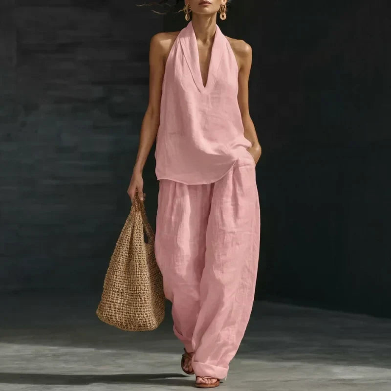 Ainhoa | Kombi-Set aus entspanntem Tanktop und Hose mit weitem Bein - Hellrosa - - Cow Clothing