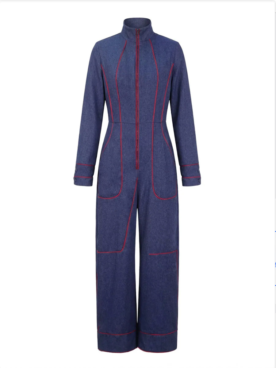 Overall mit Langarm, weitem Bein, Reißverschluss und Stehkragen - - Jumpsuits - Concept Fashionlab