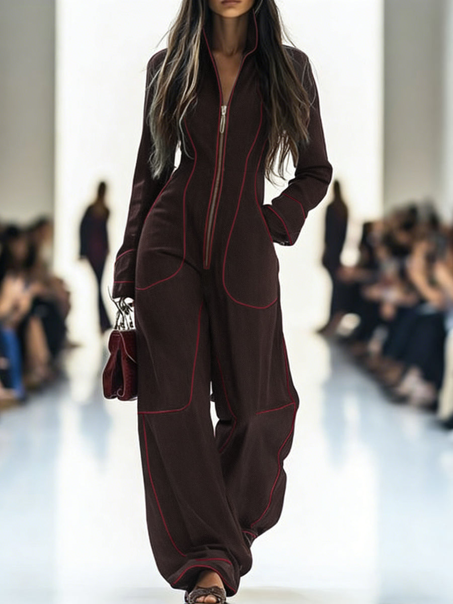 Overall mit Langarm, weitem Bein, Reißverschluss und Stehkragen - KAFFEE - Jumpsuits - Concept Fashionlab