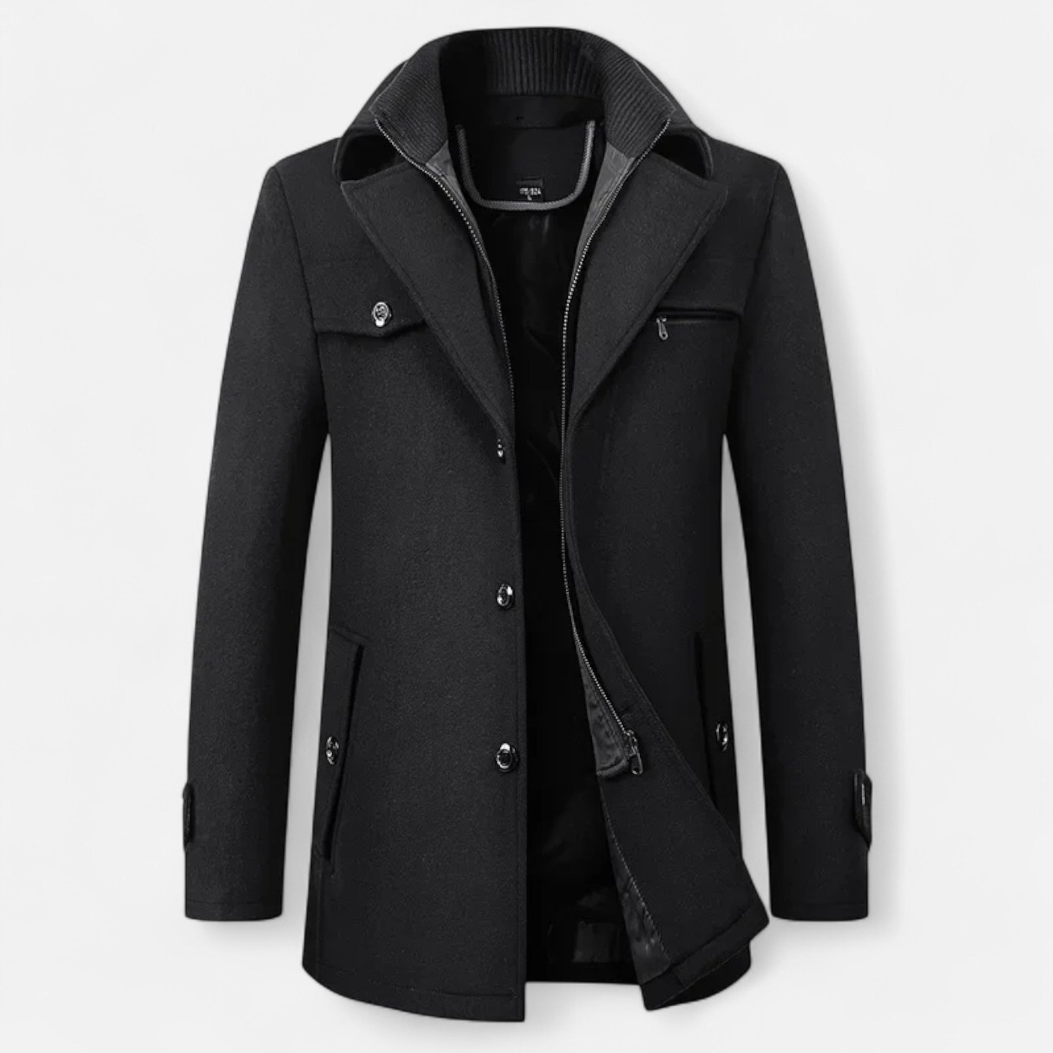 Eleganter Herren Woll-Trenchcoat – Doppelkragen & Reißverschluss - Noir - Men > Coats - Ancienne Monde