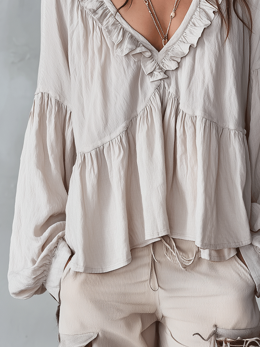 Damen Luftige, vintage-inspirierte Boho-Bluse mit weichen Rüschen - - Damen > Blusen - Concept Fashionlab