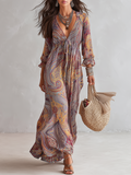 Vintage-Paisley-Muster V-Ausschnitt-Kleid mit Taillengürtel