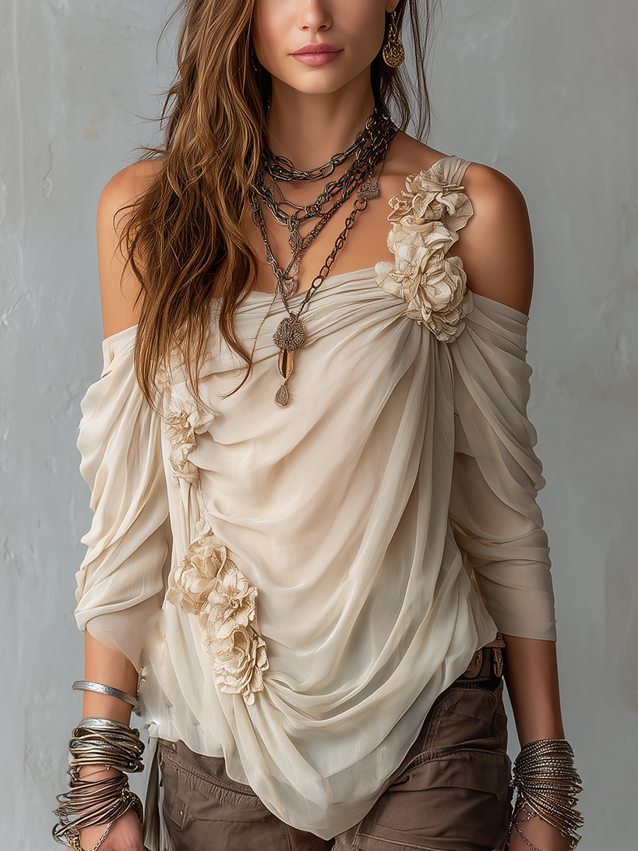 Damen Drapierte schulterfreie Bluse aus floralem Chiffon - Khaki - Damen > Blusen - Concept Fashionlab