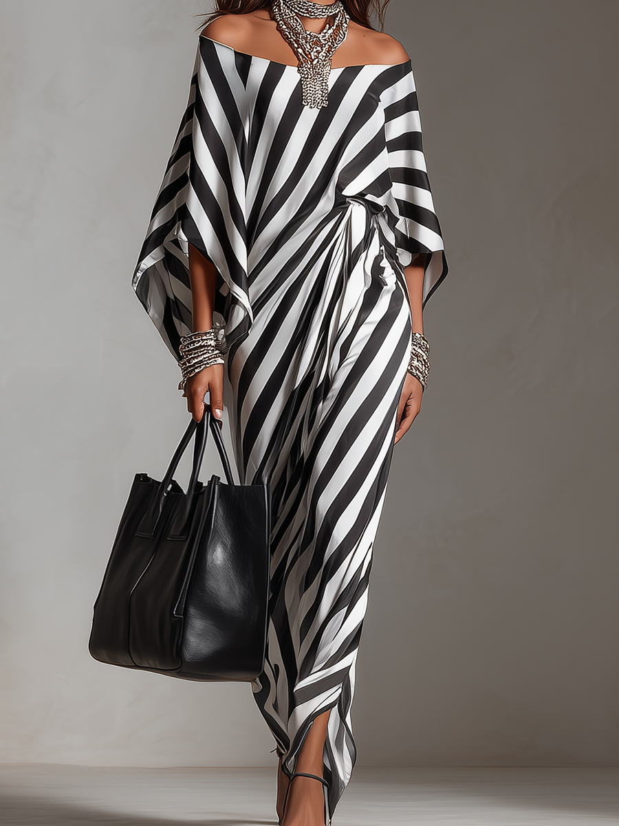 Auffälliges monochromes Streifen-Maxikleid mit asymmetrischem Schnitt - - Maxi Dress - Concept Fashionlab
