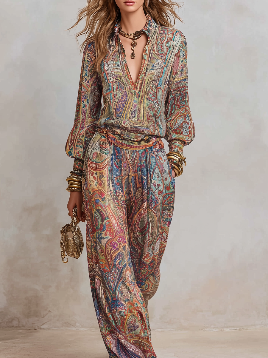Exquisiter Paisley-Muster-Hosenanzug mit weitem Bein - - Set - Concept Fashionlab