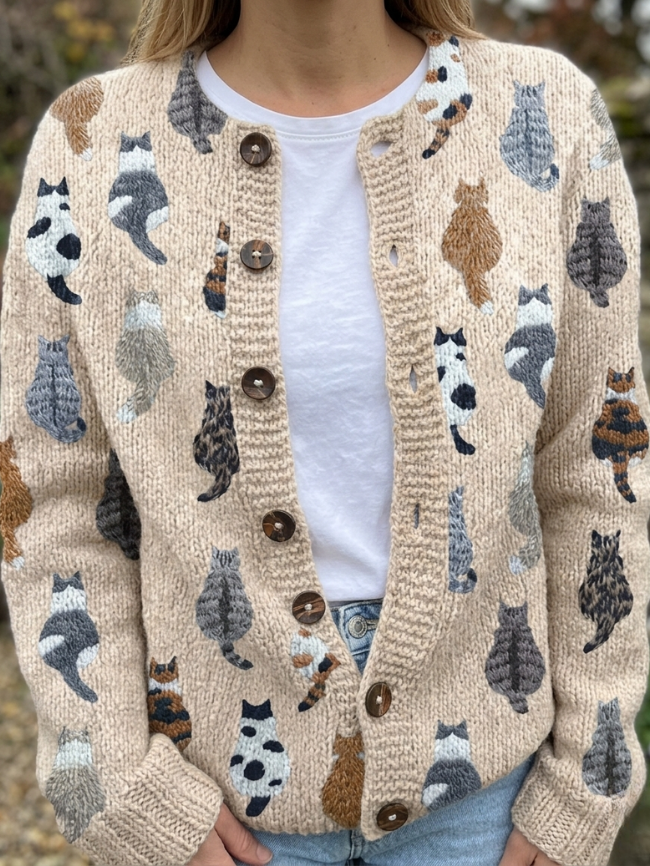 Galerie des Chats Künstlerischer Cardigan - Beige (Bestseller) - - Cow Clothing