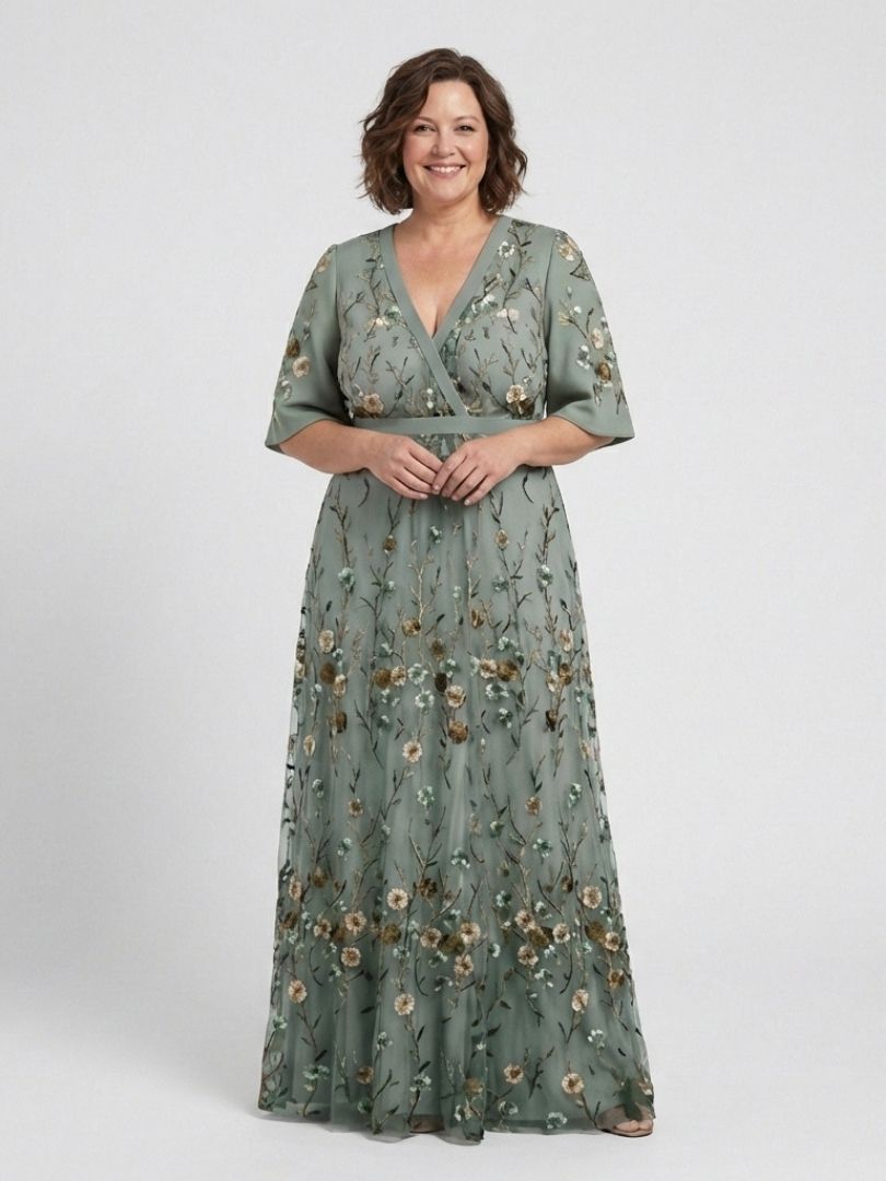 Kurzärmliges Maxikleid mit Blumenmuster und V-Ausschnitt - - - DUUWE
