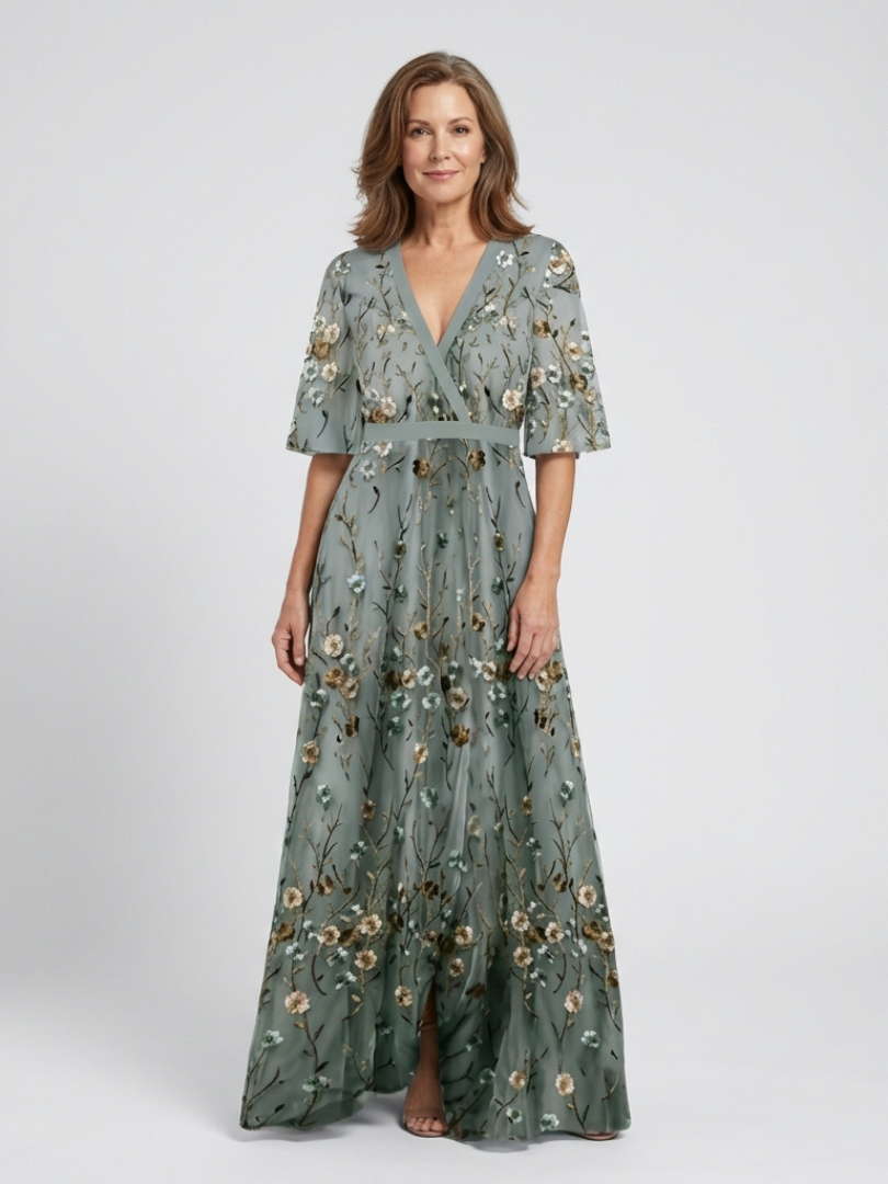 Kurzärmliges Maxikleid mit Blumenmuster und V-Ausschnitt - Grün - - DUUWE
