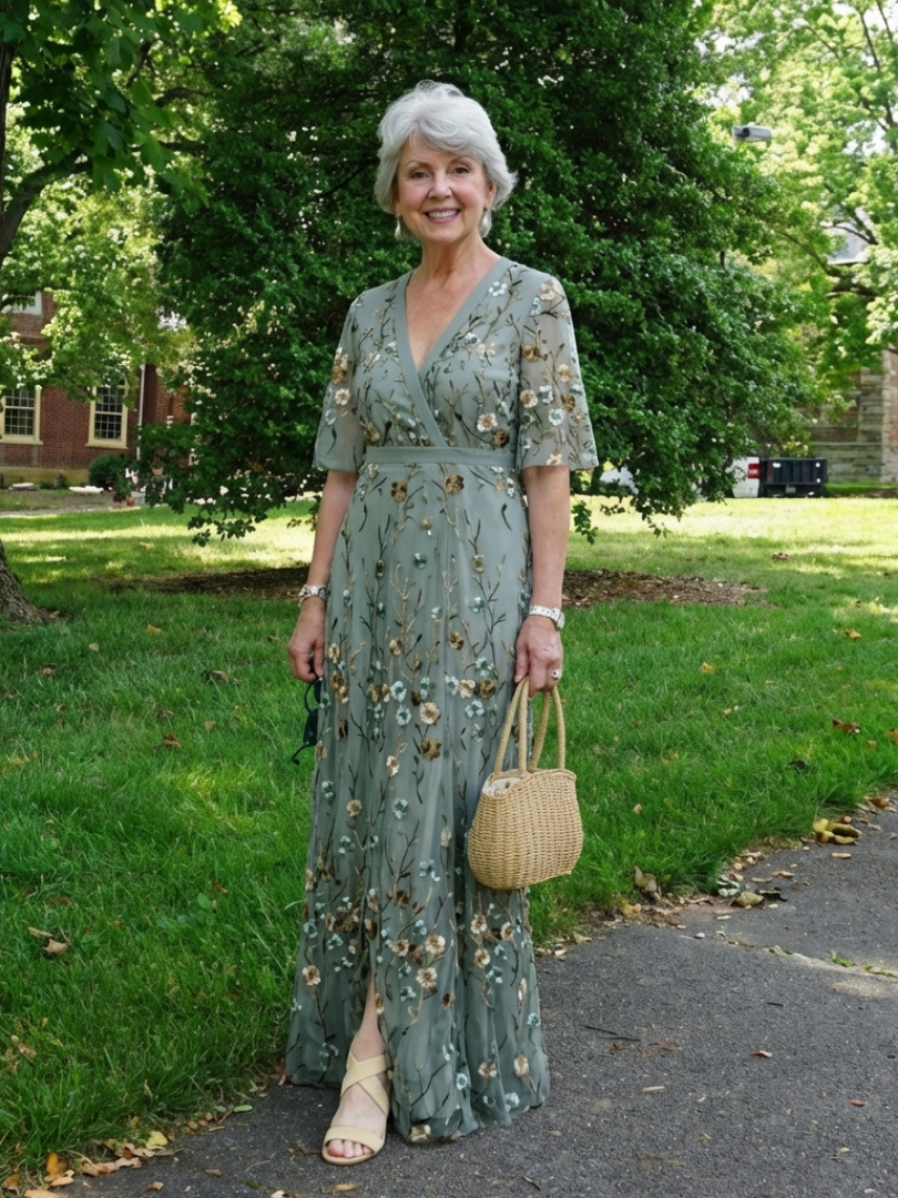 Kurzärmliges Maxikleid mit Blumenmuster und V-Ausschnitt - - - DUUWE