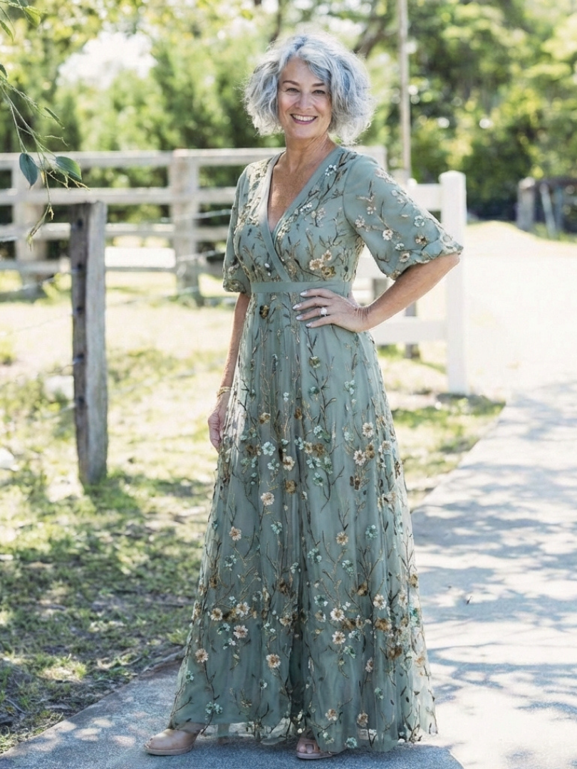 Kurzärmliges Maxikleid mit Blumenmuster und V-Ausschnitt - - - DUUWE