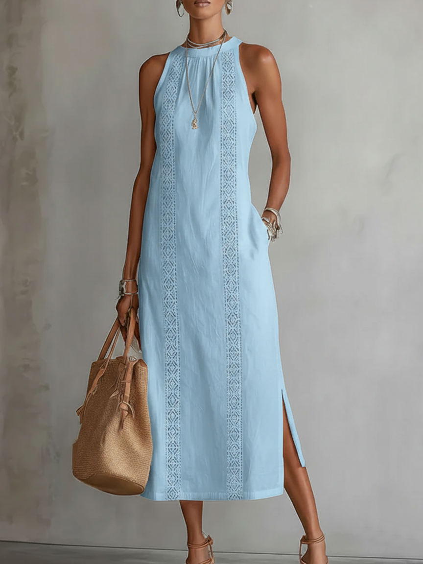 Jimena | Leinen-Midikleid mit Mao-Kragen - Blau - - Cow Clothing