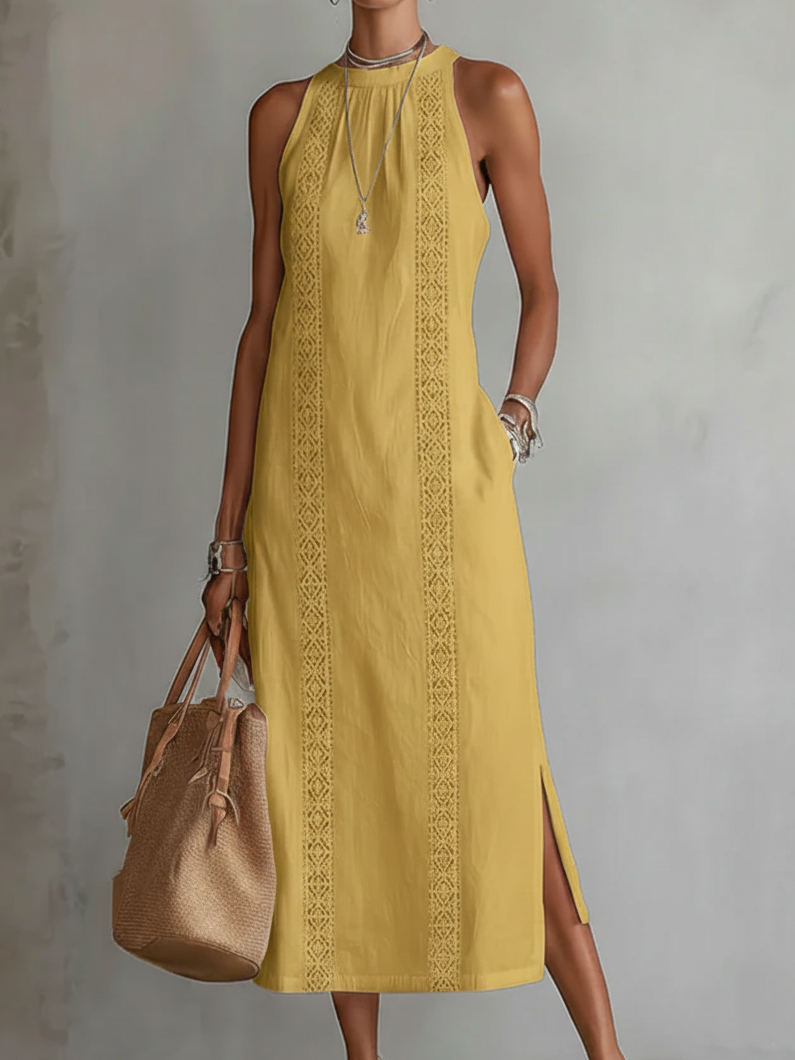 Jimena | Leinen-Midikleid mit Mao-Kragen - Gelb - - Cow Clothing