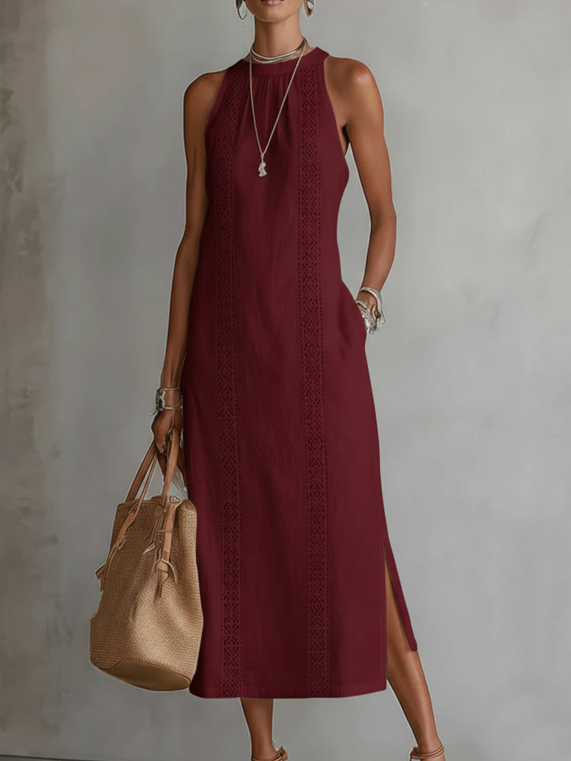 Jimena | Leinen-Midikleid mit Mao-Kragen - Rot - - Cow Clothing
