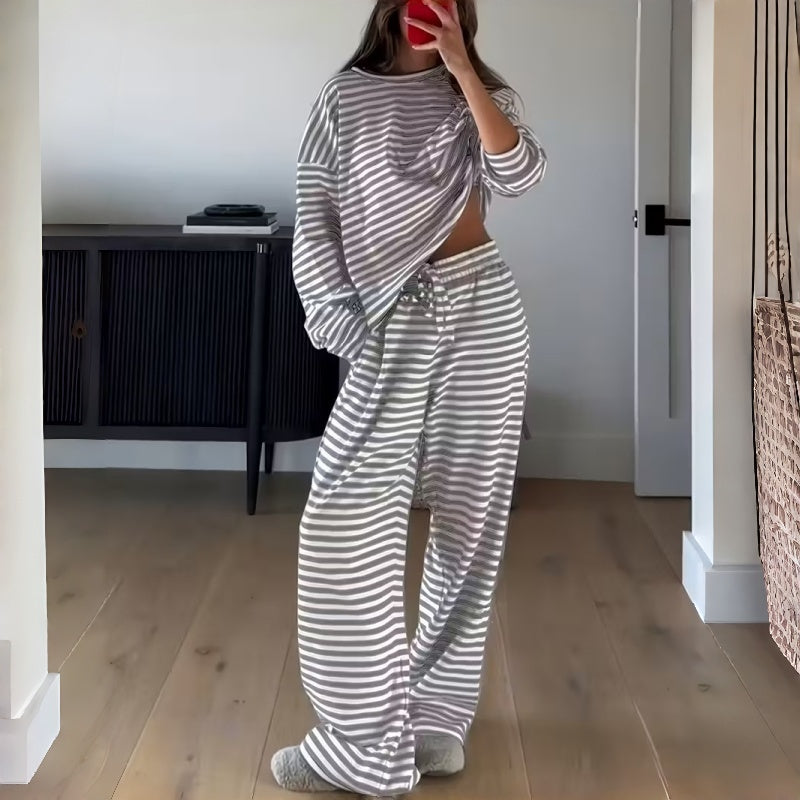 Damen-Gestreiftes Zweiteiliges Loungewear-Set – Gemütlicher Langarmkomfort für zu Hause