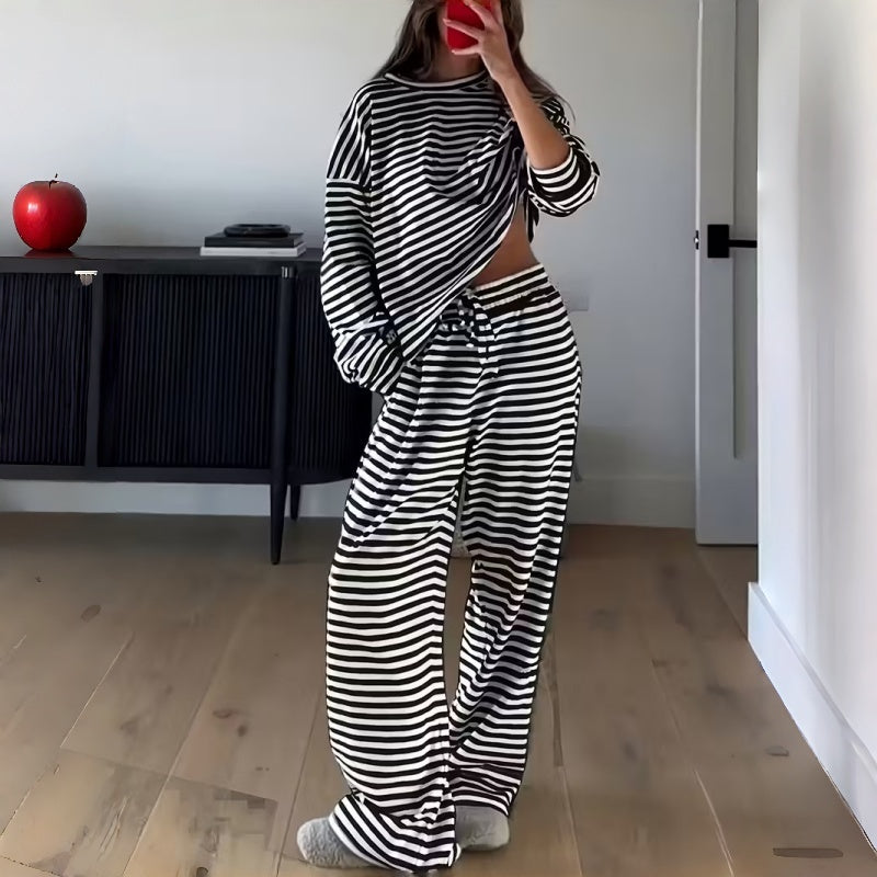 Damen-Gestreiftes Zweiteiliges Loungewear-Set – Gemütlicher Langarmkomfort für zu Hause